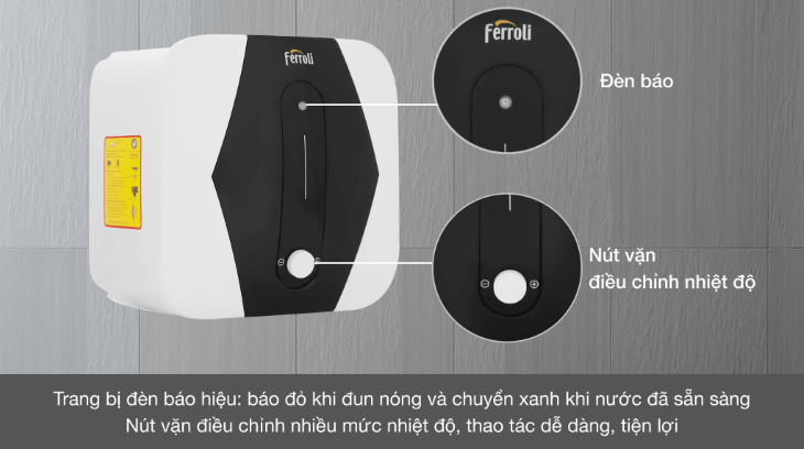 Máy nước nóng gián tiếp Ferroli 30 lít 2500W MIDO SQ có đèn báo nhiệt độ