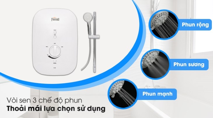 Máy nước nóng Ferroli sở hữu vòi sen 3 chế độ phun đa dạng