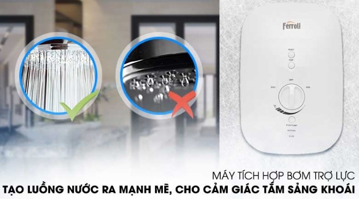 Máy nước nóng trực tiếp Ferroli 4500W MIDO-MSP 4.5S được trang bị bơm trợ lực vận hành siêu êm