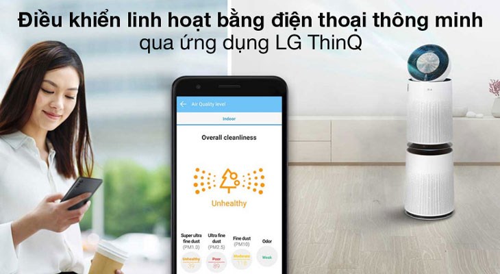 Máy lọc không khí 2 tầng LG PuriCare AS10GDWH0.ABAE 70W có thể kết nối với ứng dụng LG ThinQ giúp bạn tùy chỉnh các chức năng dễ dàng