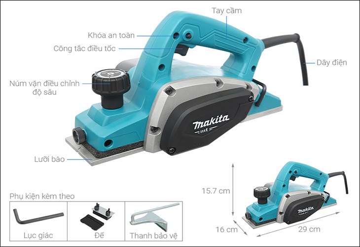 Máy bào gỗ Makita M1902B 580W được cấu tạo từ 6 bộ phận chính