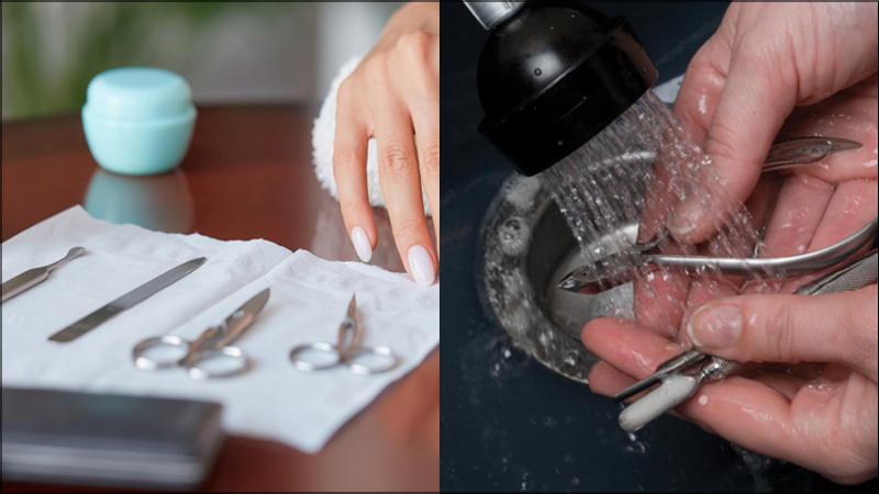 Rửa sạch dụng cụ làm móng để loại bỏ vi khuẩn