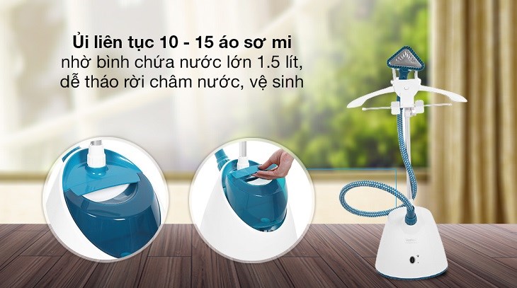 Bàn ủi hơi nước đứng Tefal IT2460E0 1960W có dung tích bình chứa lớn, lên đến 1.5 lít giúp ủi được nhiều quần áo