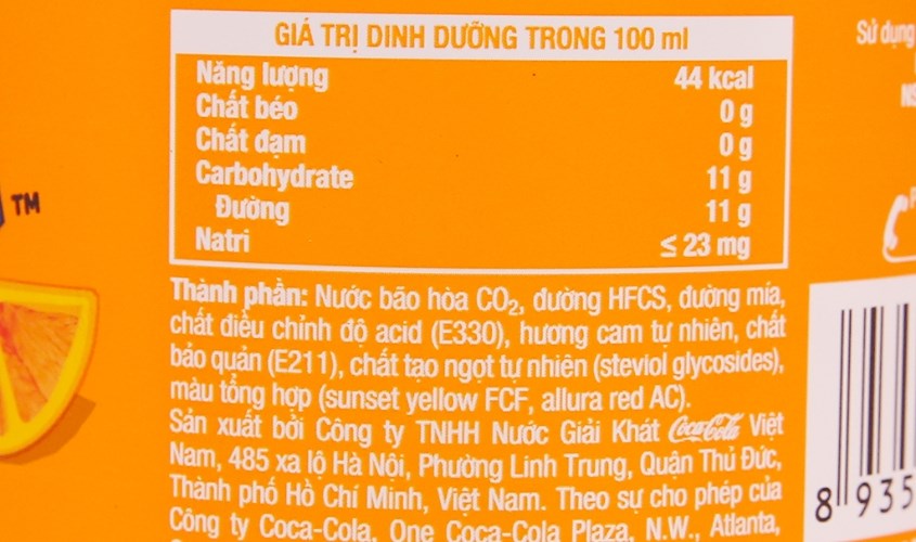 Thành phần được in trên phần thân lon sản phẩm 