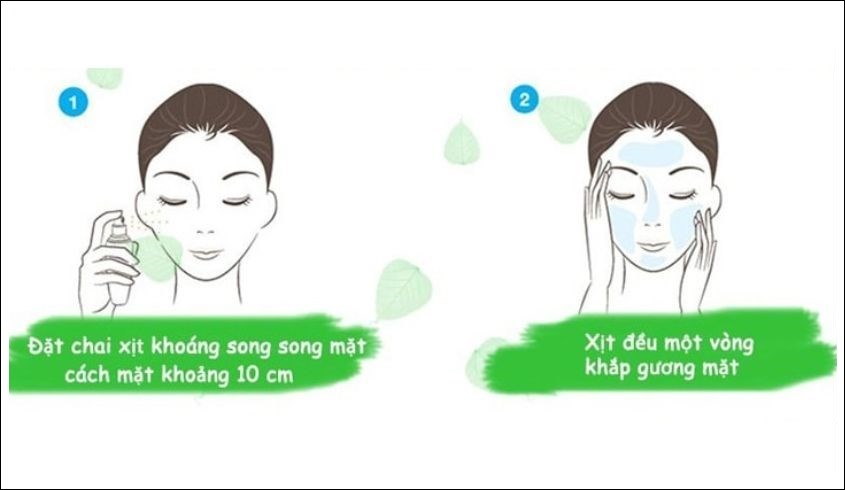 Nhắm mắt lại, ấn nhẹ và giữ nút xịt và di chuyển đầu xịt theo vòng tròn quanh mặt Nhắm mắt lại, ấn nhẹ và giữ nút xịt và di chuyển đầu xịt theo vòng tròn quanh mặt