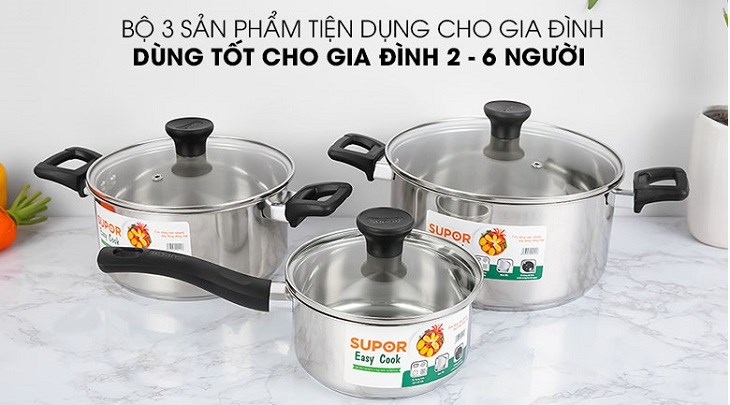 Bộ nồi quánh inox 3 đáy nắp kính Easycook Supor H20211-T1 có kích thước nồi lần lượt là 16 cm - 20 cm - 24 cm