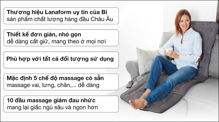 Đệm massage toàn thân Lanaform LA110315 với 10 đầu massage giảm đau nhức mang lại giấc ngủ ngon