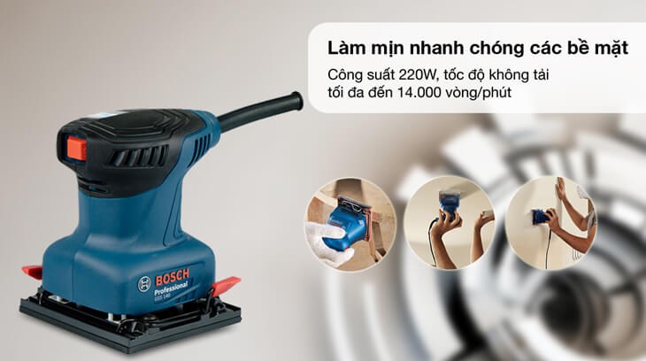Máy chà nhám vuông Bosch GSS 140 220W hoạt động với công suất 220W giúp làm mịn bề mặt gỗ, tường, sàn nhà, hay bề mặt kim loại nhanh chóng