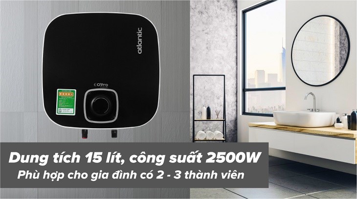 Máy nước nóng gián tiếp Atlantic 15 lít 2500W NANTO PLUS SWH 15A M-N2 có công suất làm nóng 2500W