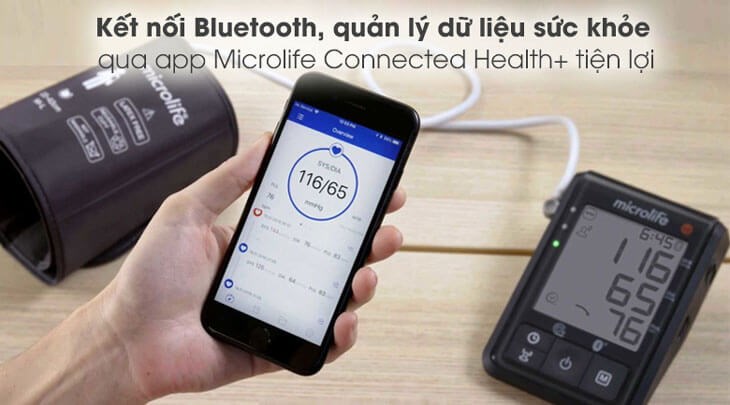 Máy đo huyết áp tự động Microlife B6 Advanced  có thể kết nối với ứng dụng Microlife Connected Health+ để giúp người dùng theo dõi lịch sử đo huyết áp vô cùng tiện lợi