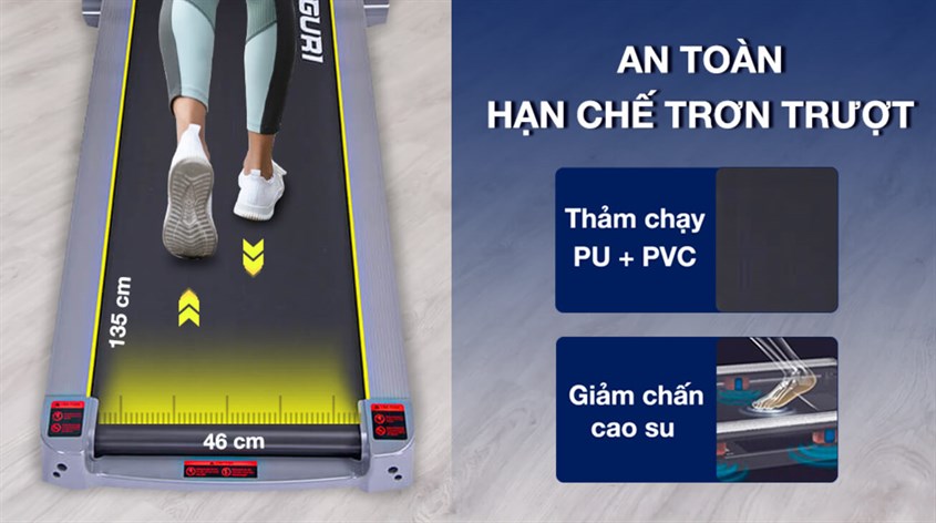 Máy chạy bộ  Aguri AGT-123LE được tích hợp hệ thống giảm chấn cao su, hạn chế tác động xấu lên xương khớp