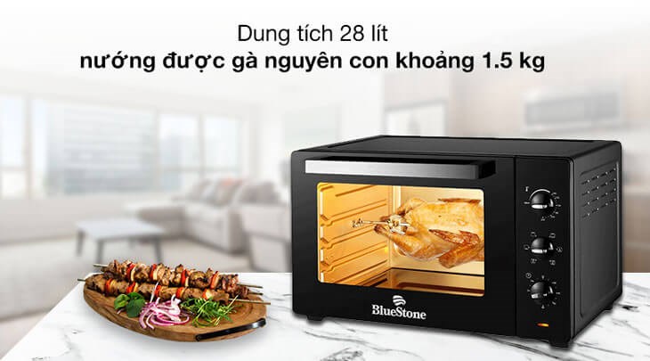 Lò nướng BlueStone EOB-7573 28 lít có dung tích 28 lít cho phép bạn nướng gà nguyên con khoảng 1.5kg