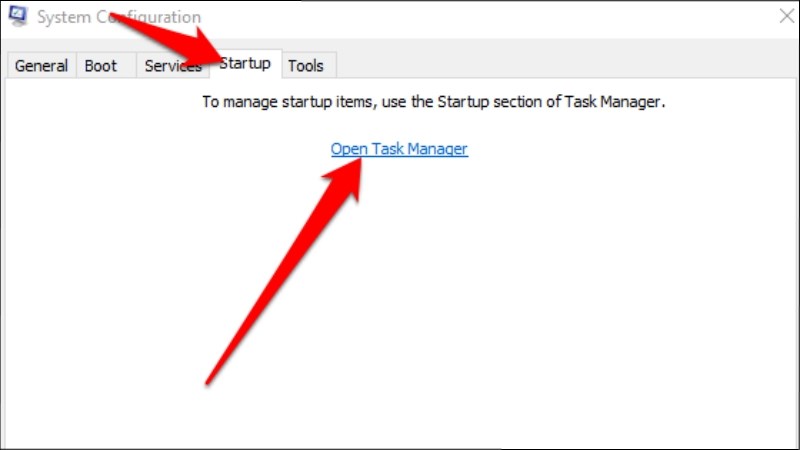 Trên tab Startup của System Configuration, chọn Open Task Manager