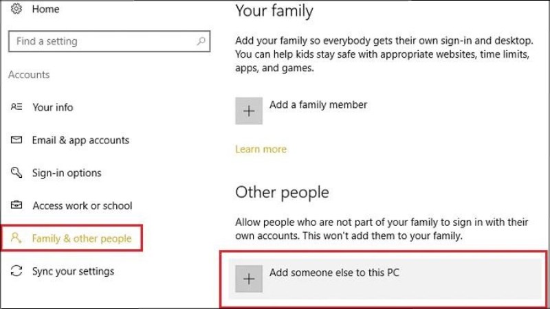 Chọn Family & other users > Click chọn Add someone else to this PC