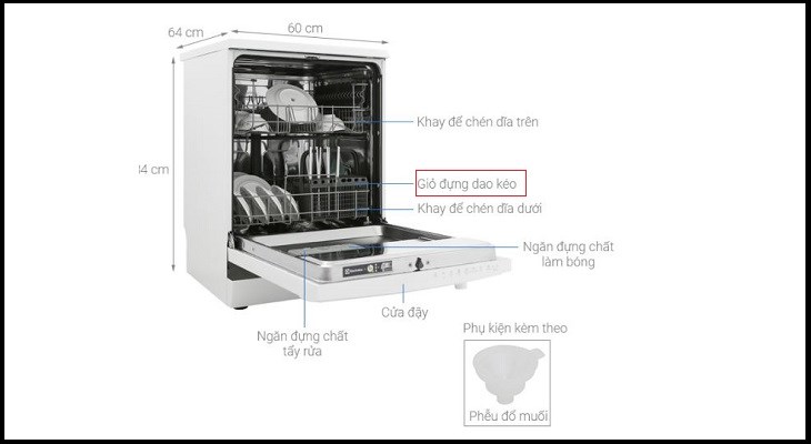 Máy rửa chén độc lập Electrolux ESF5512LOX có giá rổ linh động với ngăn chứa dao kéo riêng đảm bảo an toàn