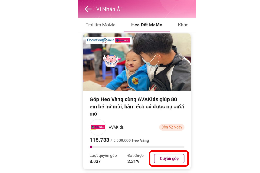 Chọn biểu tượng quyên góp tại chương trình 