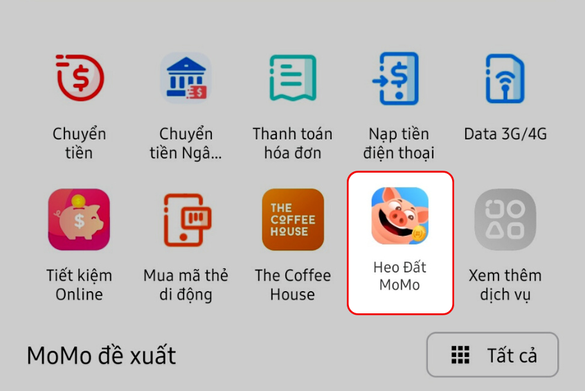 Chọn biểu tượng Heo Đất MoMo trên ứng dụng MoMo