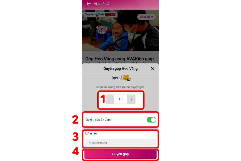Các thao tác để quyên góp Heo Vàng