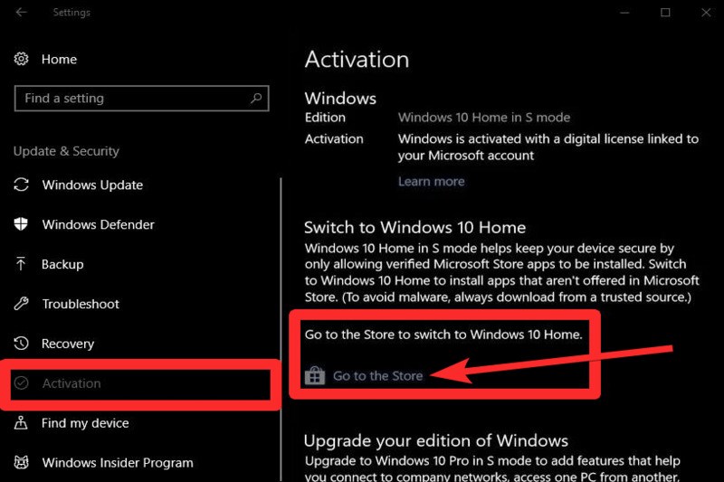 Trong Switch to Windows 10 Home chọn Go to the Store