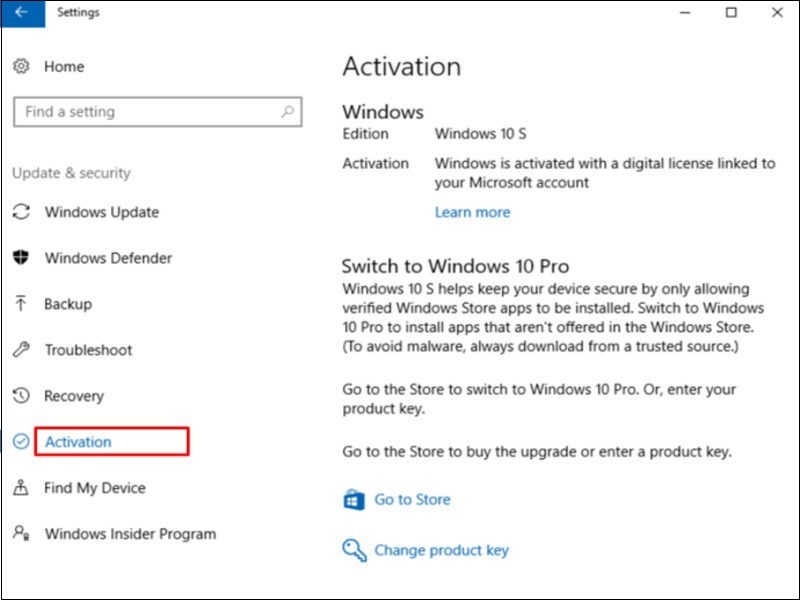 Chọn Activation trong Windows 11 có S mode