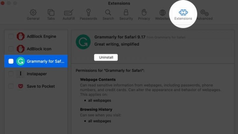 Bấm vào extension muốn xoá → chọn Uninstall