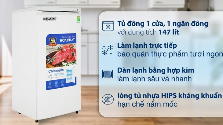 Tủ đông đứng Hòa Phát 147 Lít HPF UAH6147 có kiểu dáng tủ đứng, nhỏ gọn với chất liệu lòng tủ bằng nhựa kháng khuẩn hạn chế xuất hiệnmùi hôi