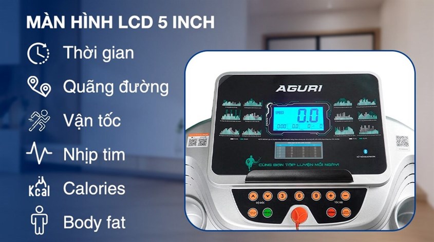 Màn hình LCD 5 inch rõ nét trên máy chạy bộ Aguri AGT-115L