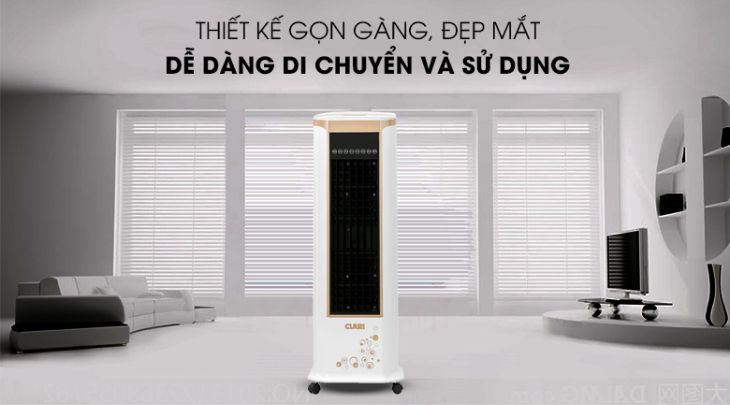 Quạt điều hòa Clari FL-926-2 có thiết kế gọn đẹp với bánh xe đi kèm cho bạn dễ di chuyển máy
