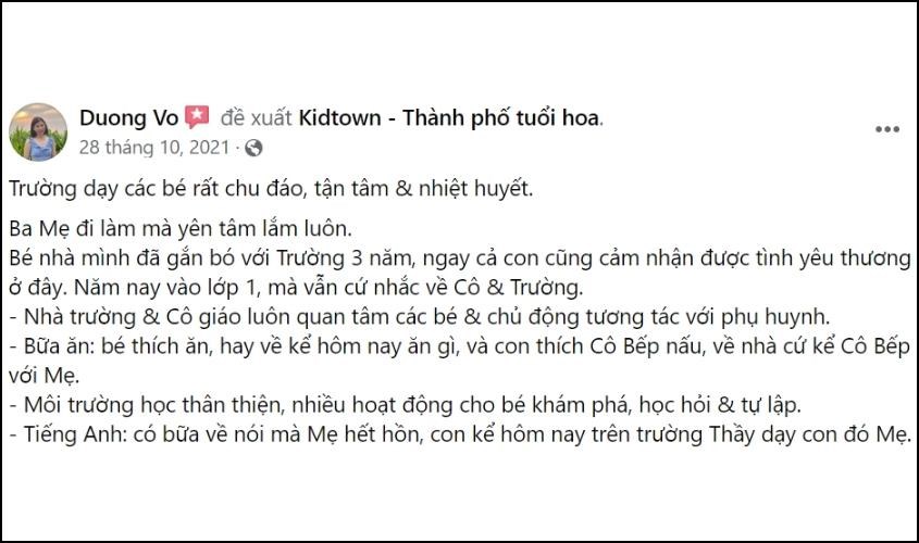Cảm nhận của phụ huynh về Trường Mầm non Kidtown Kindergarten