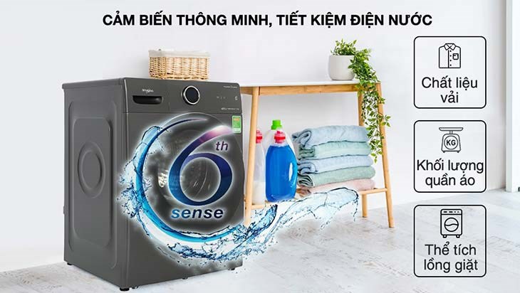 Công nghệ cảm biến thông minh 6th SENSE tự động điều chỉnh lượng nước, vòng quay phù hợp với chất liệu vải và khối lượng thể tích giặt