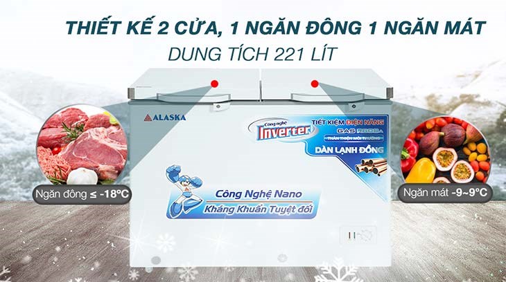 Tủ đông Alaska BCD 3568CI có 2 ngăn riêng biệt giúp lưu trữ linh hoạt các loại thực phẩm ở nhiệt độ khác nhau. 