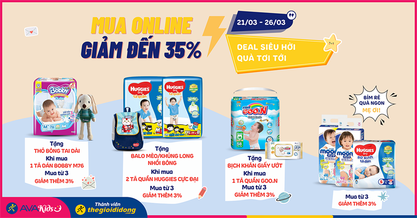 Tã mua online giảm đến 35% cùng nhiều món quà hấp dẫn