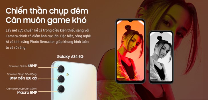 Samsung Galaxy A34 sở hữu cảm biến chính 48MP, camera siêu rộng 8MP và camera macro 5MP giúp bạn bắt trọn mọi khoảnh khắc với chất lượng rõ ràng, sắc nét