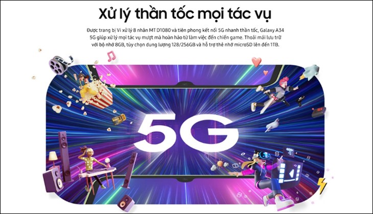 Samsung Galaxy A34 được hỗ trợ mạng di động 5G giúp bạn truy cập Internet nhanh chóng, cập nhật thông tin dễ dàng