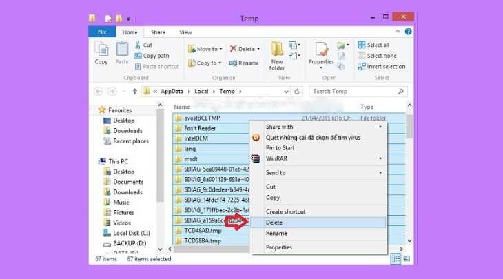 Bạn tiếp tục bấm Ctrl + A để chọn tất cả các tập tin và xóa chúng bằng phím Delete hoặc Shift + Delete