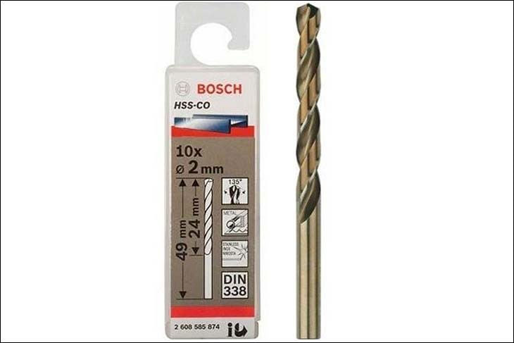 Mũi khoan inox Bosch HSS-Co 2 mm (hộp 10 mũi) có tổng chiều dài 49 mm và chiều dài làm việc 24 mm