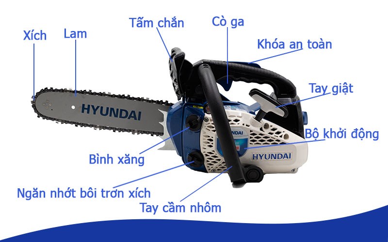 Máy cưa xích 4 thì có 2 bình xăng, nhớt bôi trơn riêng