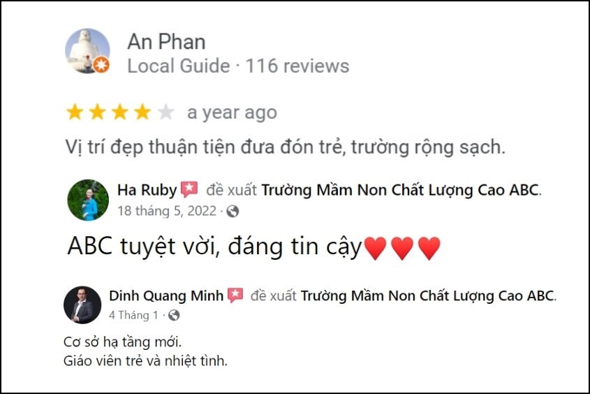 Đánh giá của phụ huynh về Trường mầm non quốc tế ABC Đà Nẵng