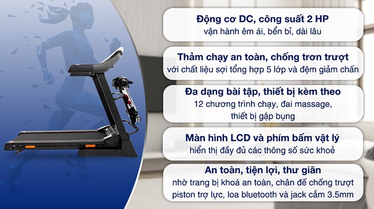 Máy Chạy Bộ Airbike Sport T800 có 12 chương trình chạy khác nhau với tốc độ từ 1 đến 14 km/h giúp người dùng thoải mái lựa chọn