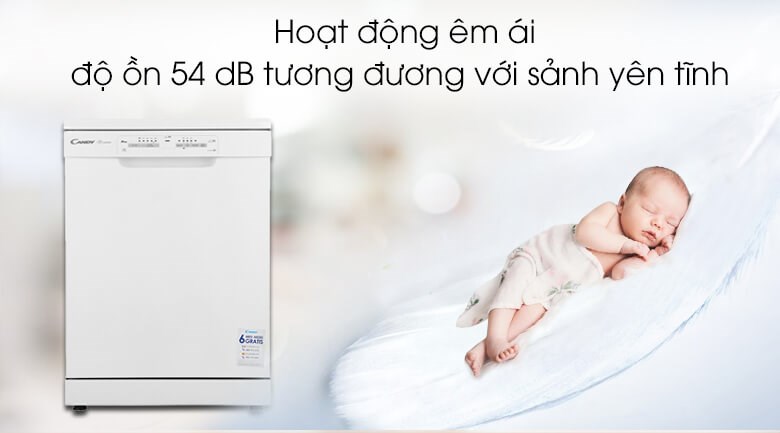 Máy rửa chén độc lập Candy CDPN 1L390PW với độ ồn 54dB đem đến khả năng vận hành vô cùng êm ái