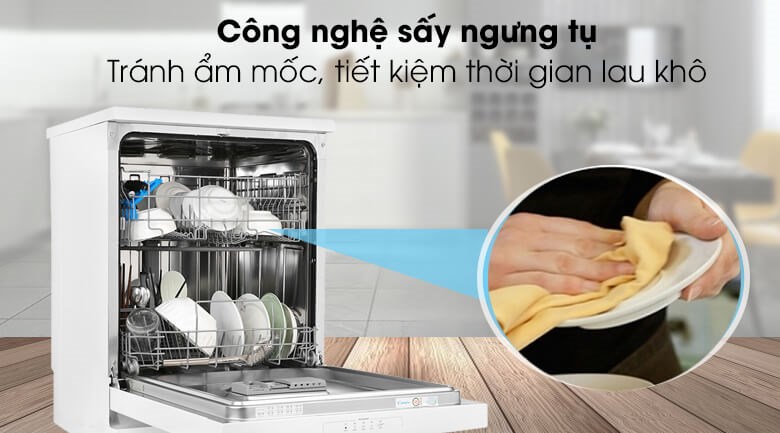 Máy rửa chén độc lập Candy CDPN 1L390PW sở hữu công nghệ sấy ngưng tụ giúp hạn chế nguy cơ ẩm mốc trong máy, bảo vệ sức khỏe an toàn cho người dùng