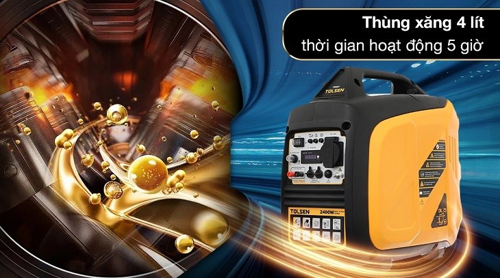 Máy phát điện chạy xăng Tolsen 79987 2200W có dung tích thùng xăng 4 lít, có thể hoạt động liên tục trong 5 tiếng