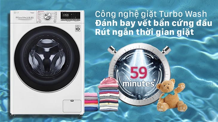 Máy giặt LG Inverter 10.5 kg FV1450S3W2 tiết kiệm thời gian giặt giũ, giặt sạch và nhanh hơn với công nghệ Turbo Wash