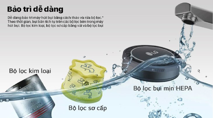 Máy hút bụi lau nhà LG A9N-Max có thể dễ dàng bảo trì bộ lọc kim loại, bộ lọc sơ cấp và bộ lọc bụi mịn HEPA với nước Máy hút bụi lau nhà LG A9N-Max có thể dễ dàng bảo trì bộ lọc kim loại, bộ lọc sơ cấp và bộ lọc bụi mịn HEPA với nước