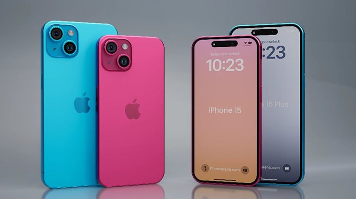 iPhone 15 và iPhone 15 Plus trong bộ áo màu xanh và hồng đậm bắt mắt