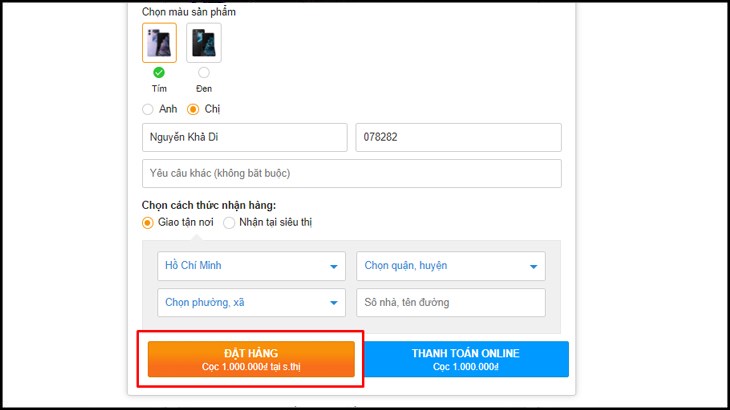 Lực chọn hình thức thanh toán 