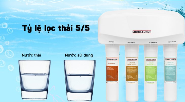 Máy lọc nước RO Stiebel Eltron Glacier 4 lõi có tỷ lệ lọc thải 5/5 nên bạn có thể thu được 50% lượng nước tinh khiết để sử dụng