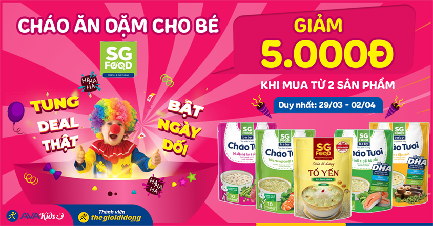 Cháo ăn dặm cho bé SG Food mua 2 giảm 5.000đ