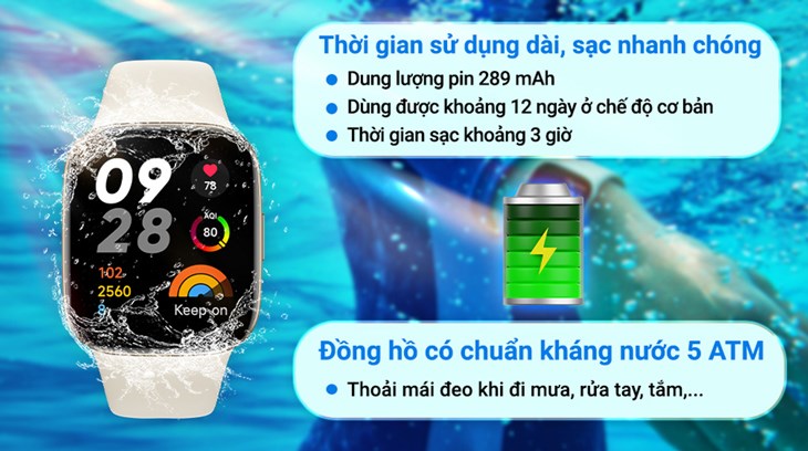 Xiaomi Redmi Watch 3 sở hữu viên pin dung lượng 289mAh cho phép người dùng sử dụng chế độ cơ bản đến 12 ngày