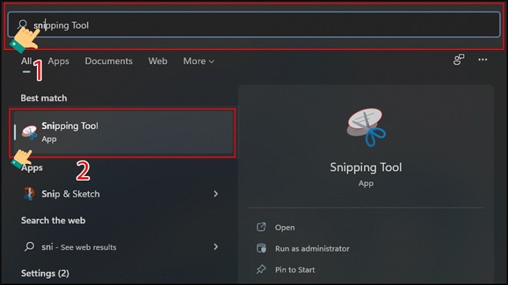 Nhập và chọn Snipping Tool vào ô tìm kiếm